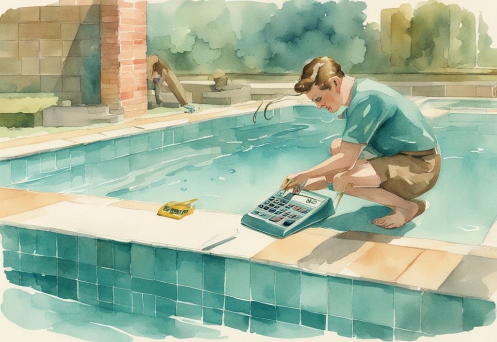 Vintage Aquarell-Illustration einer Person mit Taschenrechner, die die Maße eines Schwimmbeckens mit einem Maßband ermittelt, Hauptfarbton Teal