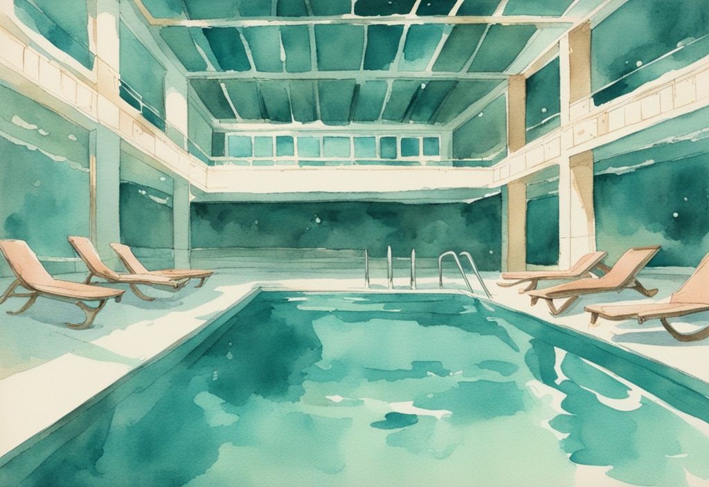 Vintage Aquarell-Illustration eines gut beleuchteten, attraktiven Pools mit weißen Flocken im Pool und Hauptfarbthema Teal.