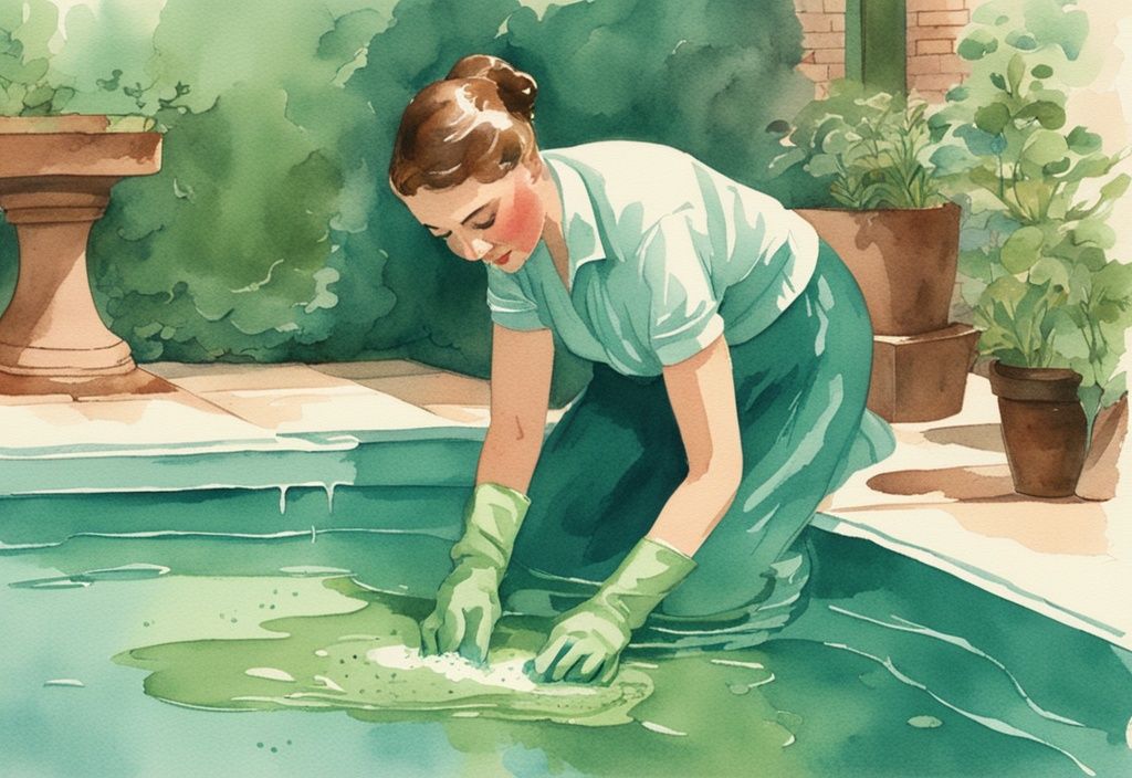 Vintage Aquarell-Illustration von einer Person, die einen von Algen befleckten Pool mit einer Bürste und Reinigungslösung schrubbt, Hauptfarbe Türkis