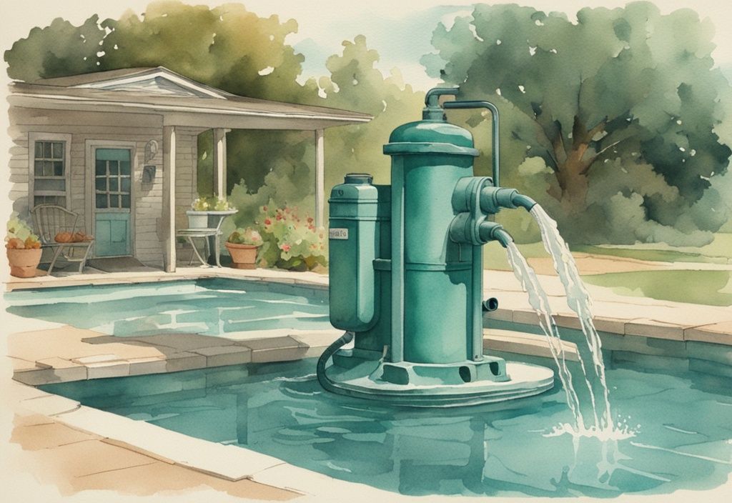 Vintage-Aquarellillustration in Teal-Tönen zeigt eine Poolpumpe laufen lassen mit Abdeckung und sichtbarem Wasserumlauf im Pool.