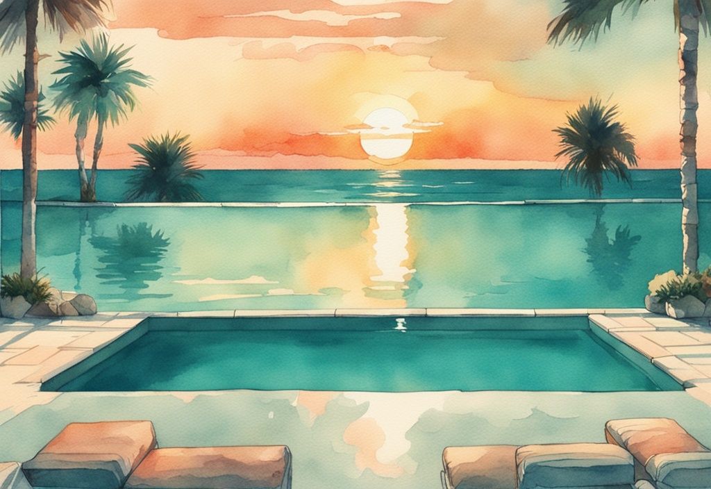 Vintage Aquarellillustration eines luxuriösen Infinity-Pools in Teal-Farben, der nahtlos ins Meer übergeht, vor einer atemberaubenden Sonnenuntergangskulisse.