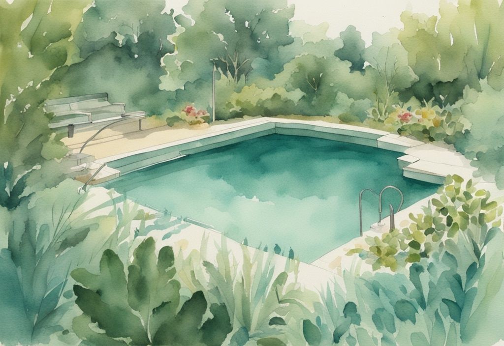 Vintage Aquarell-Illustration eines natürlichen Schwimmbeckens mit klarem Wasser, umgeben von üppigem Grün, Hauptfarbthema Teal, keine sichtbare Pumpeninstallation