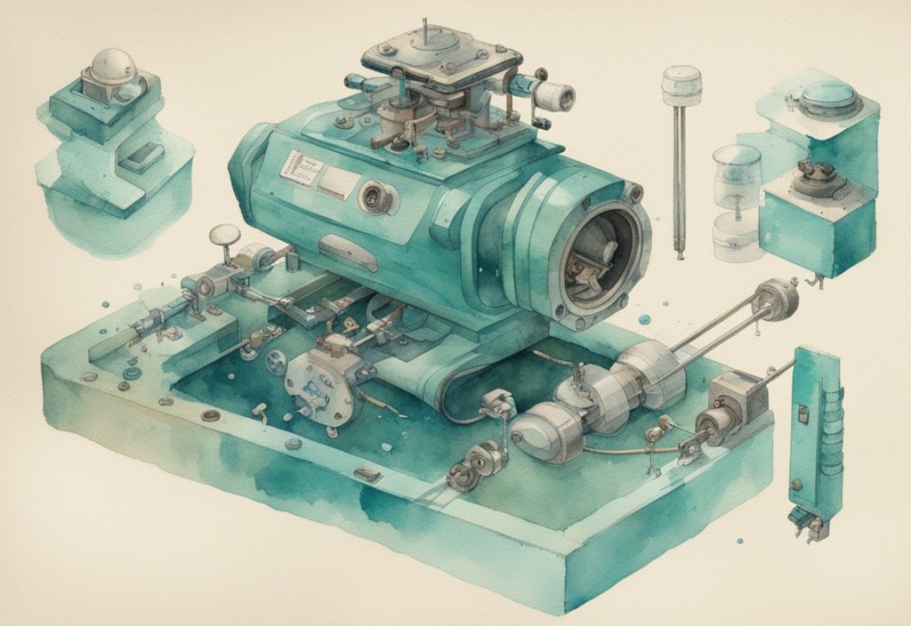 Vintage Aquarell-Illustration eines Poolroboters in Teal, Explosionszeichnung der Komponenten und Mechanismen.