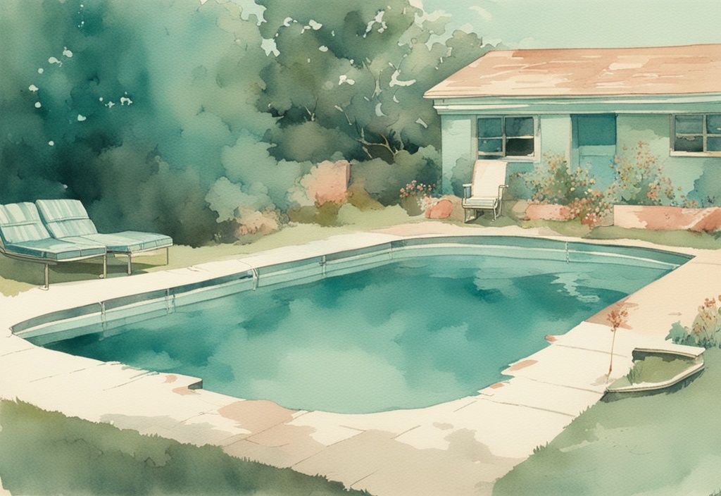 Vintage-Aquarellillustration eines Aktivsauerstoff-Pools mit rascher Farbverblassung von Poolzubehör und beschädigter Pooloberfläche, die Aktivsauerstoff-Pool-Nachteile symbolisieren.