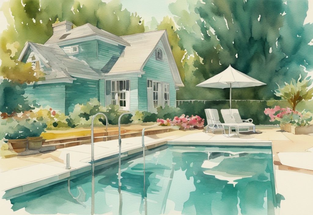 Vintage Aquarell-Illustration eines Ventil-Poolpumps neben einem luxuriösen Hinterhof-Swimmingpool in Türkisfarben, mit klarem Wasser, das die helle Sommersonne reflektiert.