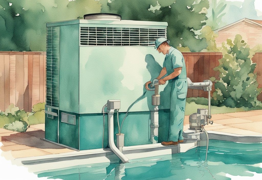 Vintage Aquarell-Illustration eines Technikers, der eine Pool-Wärmepumpe an einen privaten Swimmingpool anschließt, Hauptfarbthema Teal.