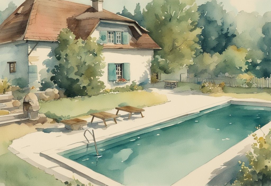 Vintage-Aquarell-Illustration eines malerischen Pools im bayerischen Hinterhof mit klaren Entfernungsmarkierungen zum Nachbargrundstück, Hauptfarbton: Türkis.