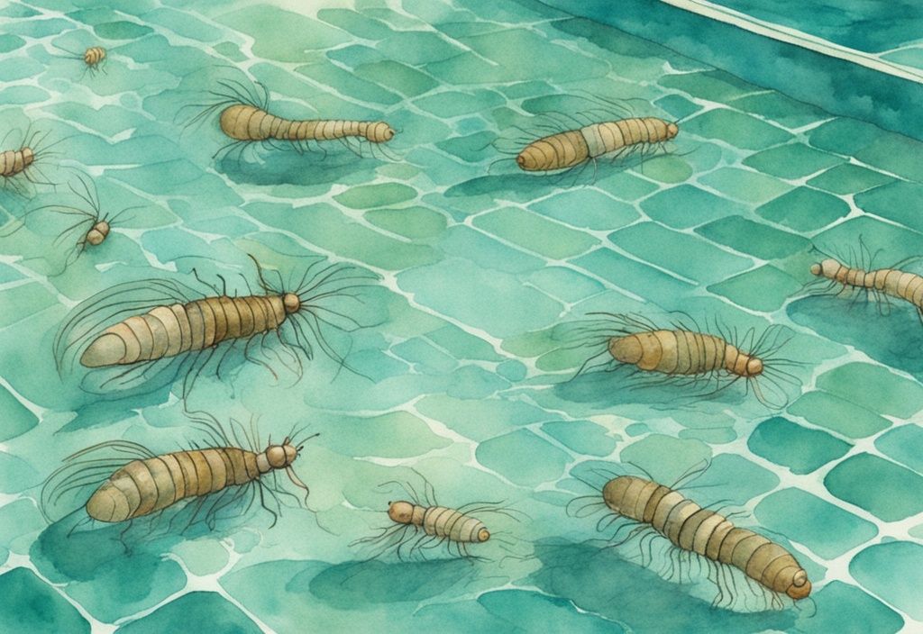 Vintage Aquarell-Illustration von Zuckmückenlarven in klarem Wasser eines Schwimmbeckens, Hauptfarbe Teal