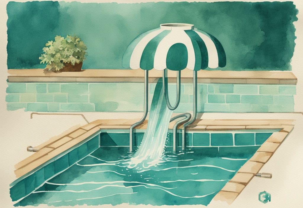 Vintage Aquarell-Illustration in Türkis mit Piktogramm von Geld, das aus einem Wasserschlauch in ein Schwimmbecken fließt, Kosten für Poolwasserentsorgung hervorhebend.