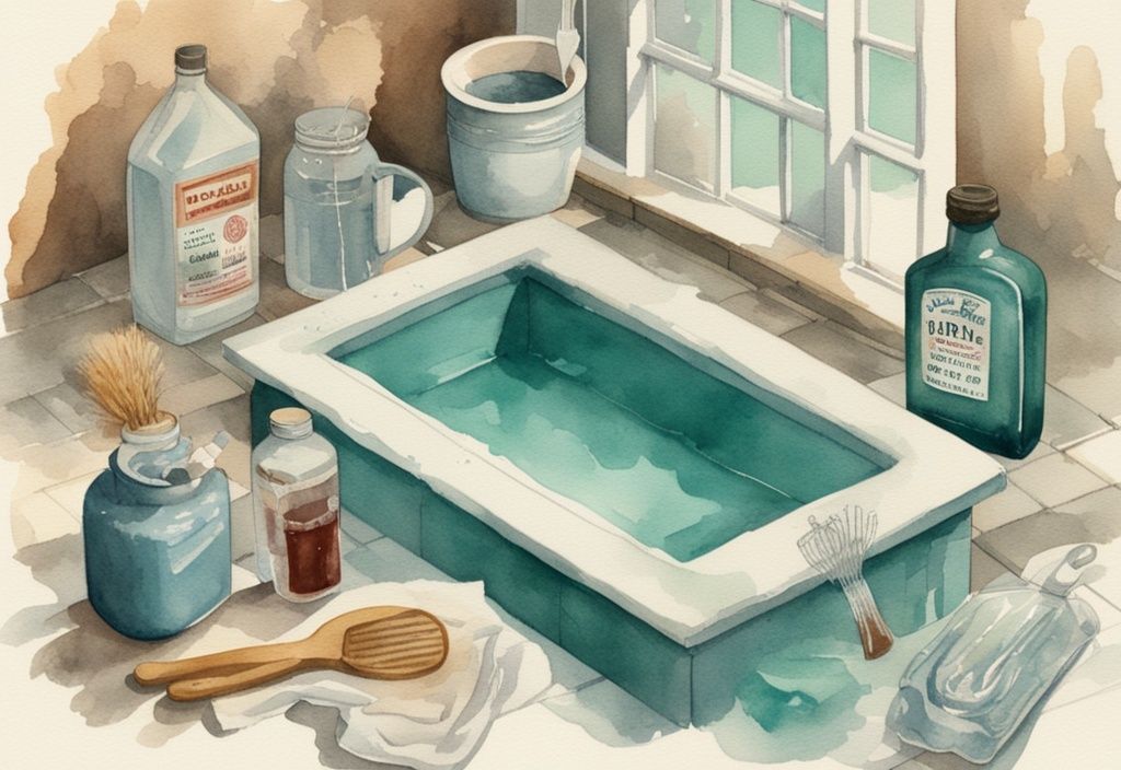 Vintage Aquarell-Illustration eines Pools, umgeben von Haushaltsgegenständen wie Backpulver und Essig, mit kleinen Etiketten zur Verwendung als Hausmittel zur Reduzierung des Chlorgehalts im Pool, Hauptfarbthema Teal.