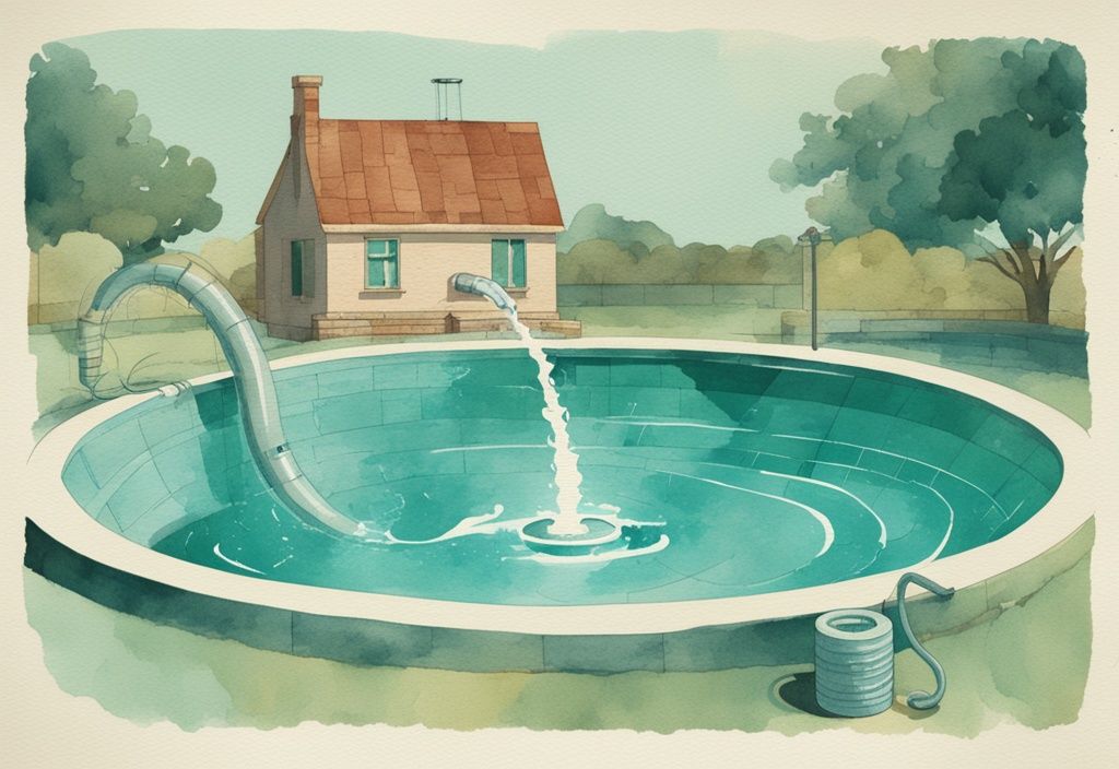 Vintage Aquarellillustration in Teal: Geld fließt aus einem Wasserschlauch in ein Schwimmbecken, Kosten für Poolwasserentsorgung darstellend.