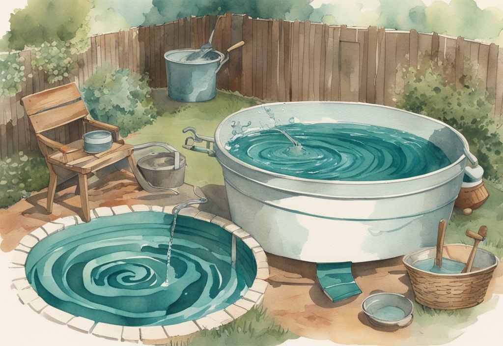 Vintage Aquarell-Illustration eines selbstgebauten Whirlpools im Garten mit tealfarbenem Hauptthema, Wasser wirbelt in einem großen runden Becken, umgeben von Werkzeugen in der Mitte des Prozesses.