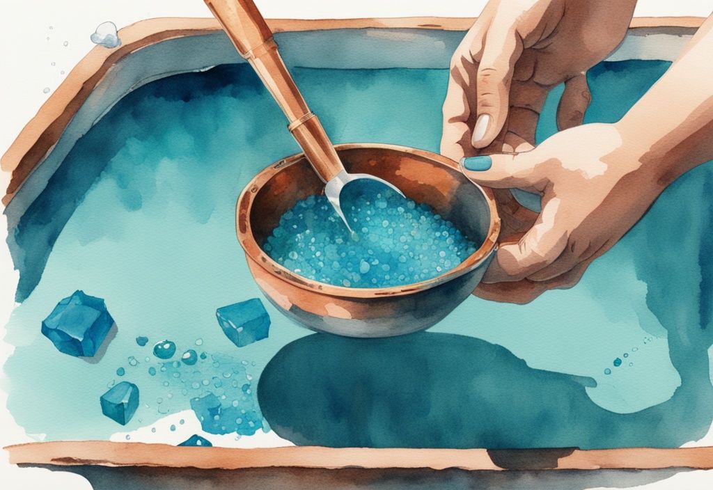 Vintage-Aquarell-Illustration in Türkis: Hand streut Kupfersulfat-Kristalle in leuchtend blaues Poolwasser, Dosierlöffel und Kupfersulfat-Paket am Poolrand - Kupfersulfat-Pool-Dosierung.