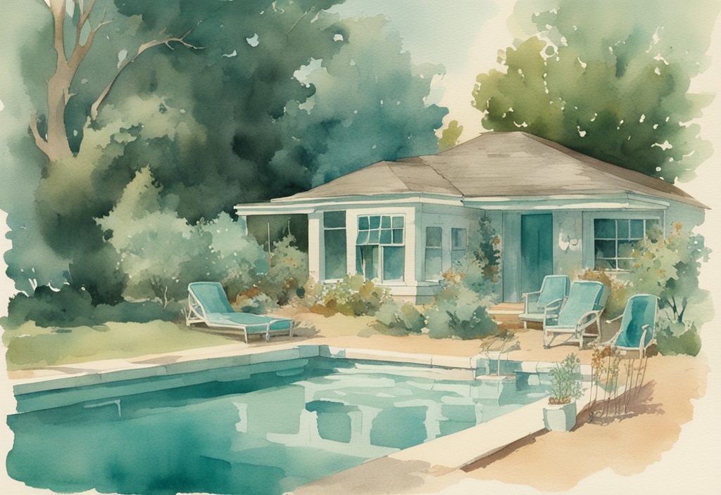 Vintage Aquarellillustration eines ruhigen Gartens mit großem, kristallklarem Swimmingpool ohne Pumpe in Teal-Farbtönen.