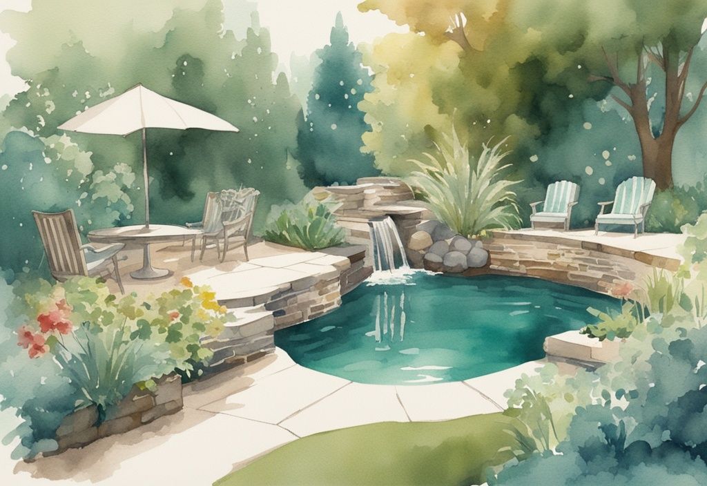 Vintage Aquarellillustration eines ruhigen Gartens mit einem neu gebauten DIY-Wasserfallpool und üppiger, grüner Landschaft unter der Sonne in Teal-Farbtönen.