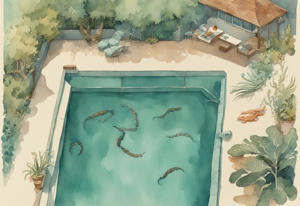 Vintage Aquarell-Illustration eines Schwimmbeckens mit klarem Wasser und mehreren sichtbaren Würmern am Boden, Hauptfarbe Türkis.