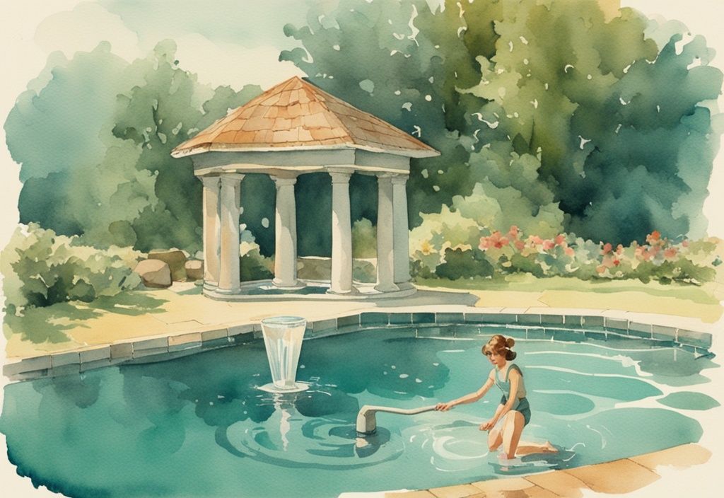 Vintage-Aquarellillustration eines kristallklaren Pools mit Brunnenwasser für Pool, umgeben von üppiger Landschaft und einer Person, die den Pool mit einem traditionellen Wasserbrunnen füllt.