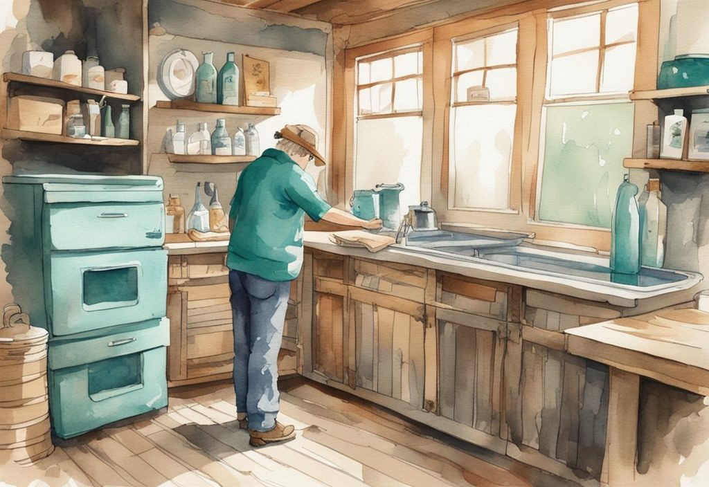 Vintage Aquarell-Illustration von DIY-Enthusiast, der rustikale Whirlpool-Umrandung aus recycelten Holzpaletten in Teal-Farbtönen fertigstellt