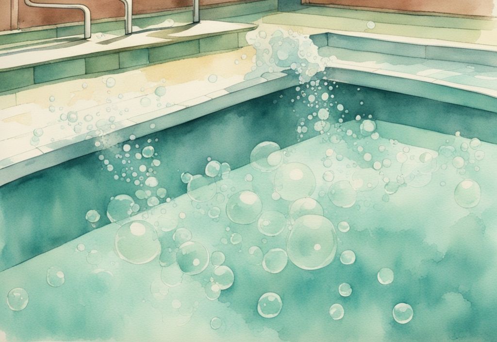 Vintage Aquarell-Illustration eines Swimmingpools mit türkisfarbenem Wasser und sprudelnden Blasen