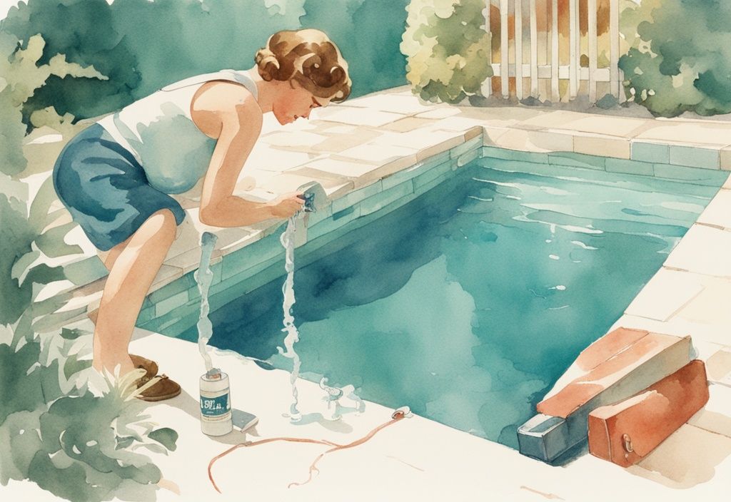 Vintage-Aquarell-Illustration: Person repariert großes Loch in Poolfolie neben einem Schwimmbecken.