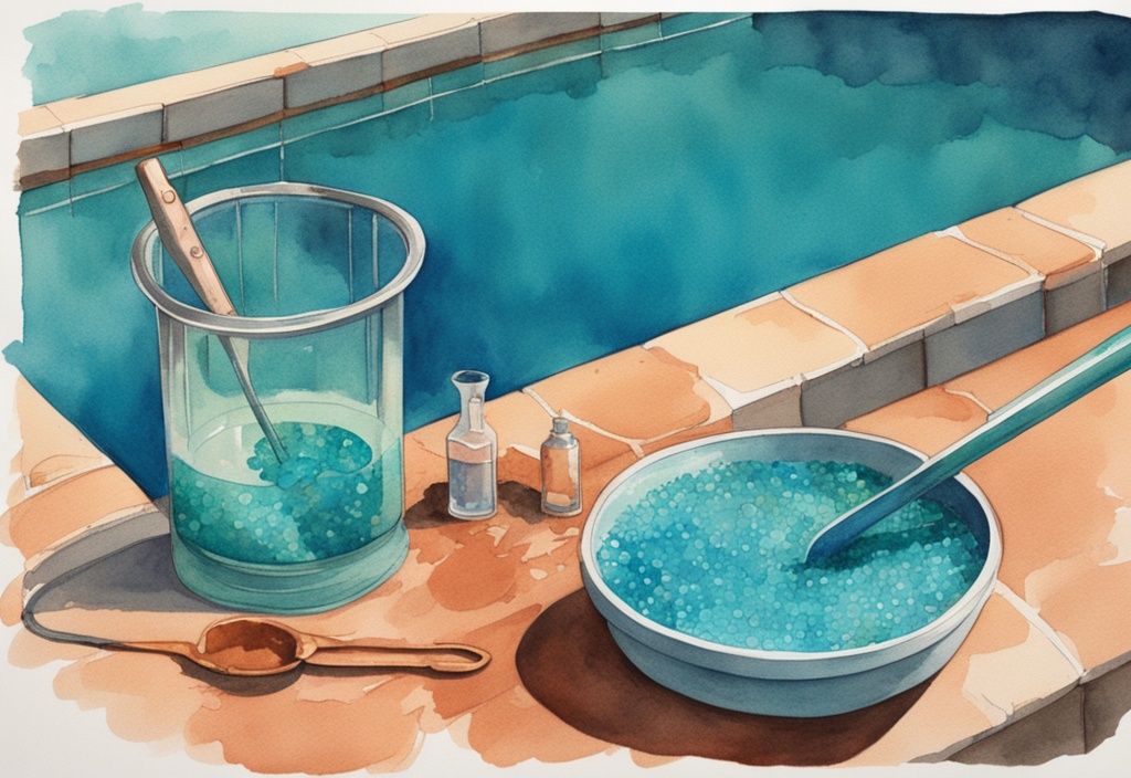 Vintage Aquarell-Illustration: Hand streut Kupfersulfatkristalle in leuchtend blaues Poolwasser, mit Messlöffel und Kupfersulfat-Paket am Poolrand - Kupfersulfat-Pool-Dosierung.