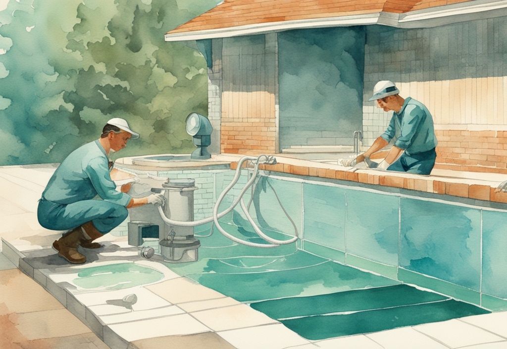 Vintage Aquarell-Illustration von zwei Pooltechnikern, die im Freien ein Schwimmbecken reparieren und das Filtersystem überprüfen. Hauptfarbthema: Teal. Pool flicken.