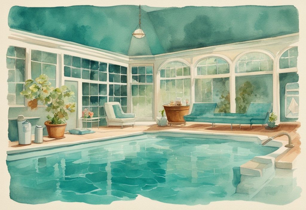 Vintage Aquarellillustration eines Schwimmbeckens mit trübem und klarem Poolwasser, Hausmittel wie Backpulver, Essig und Poolsauger, Thema: Poolwasser trüb Hausmittel, Hauptfarbe: Türkis.