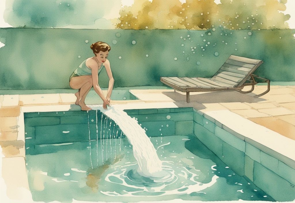 Vintage Aquarellillustration einer Person am Schwimmbecken, die Mehl ins Wasser streut, um ein loch im Pool mit Mehl finden.