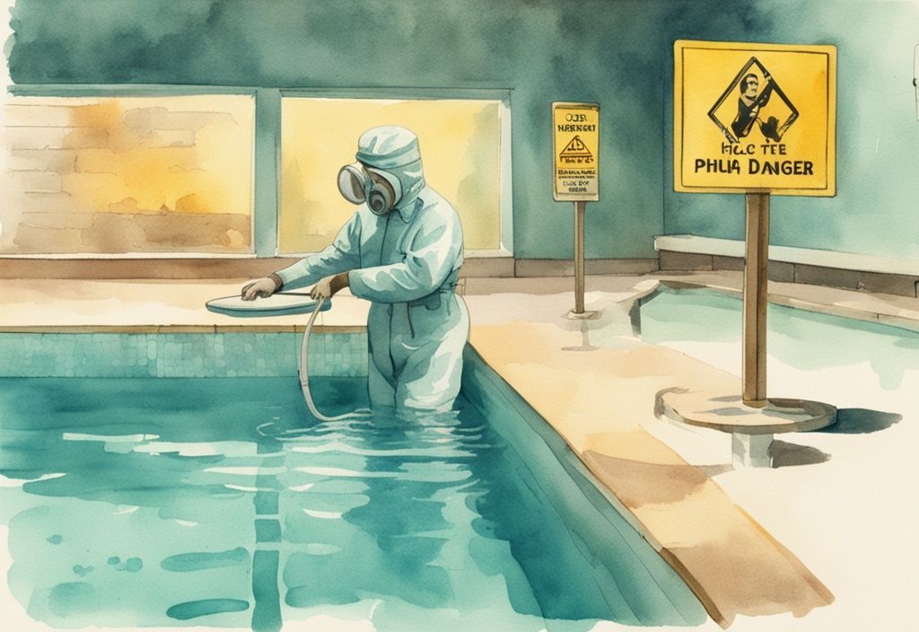 Vintage-Aquarell-Illustration einer Person in Schutzkleidung, die den pH-Wert im Schwimmbecken testet, mit einem Warnschild „pH-Wert Pool hoch gefährlich“ in der Nähe.