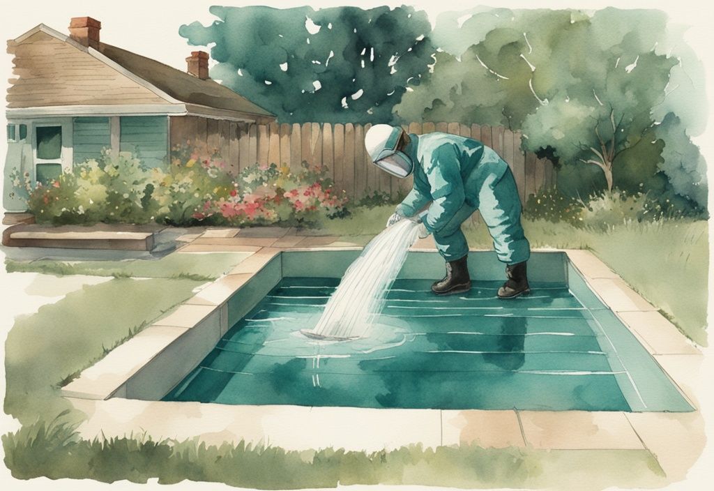 Vintage-Aquarell-Illustration einer Person in Schutzkleidung, die mit einem großen Schlauch Wasser aus einem Gartenpool in einen nahegelegenen Regenabfluss ableitet, Hauptfarbe Teal.