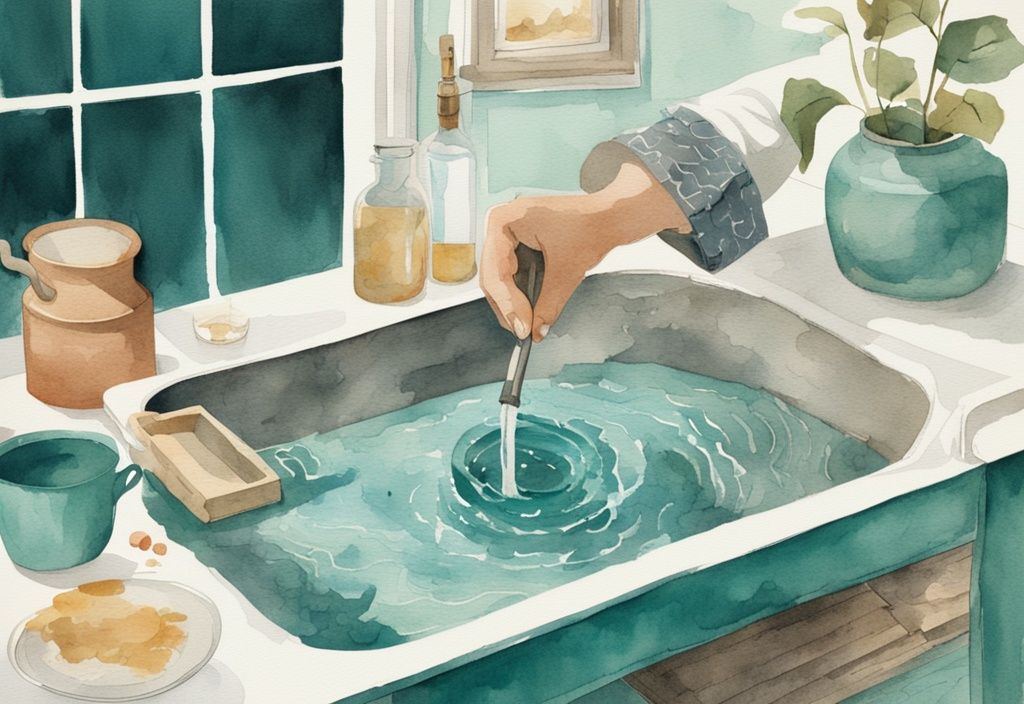 Vintage Aquarell-Illustration in Türkis, die Schritt-für-Schritt-Anleitung zur Konstruktion eines DIY Whirlpools aus Haushaltsgegenständen zeigt.