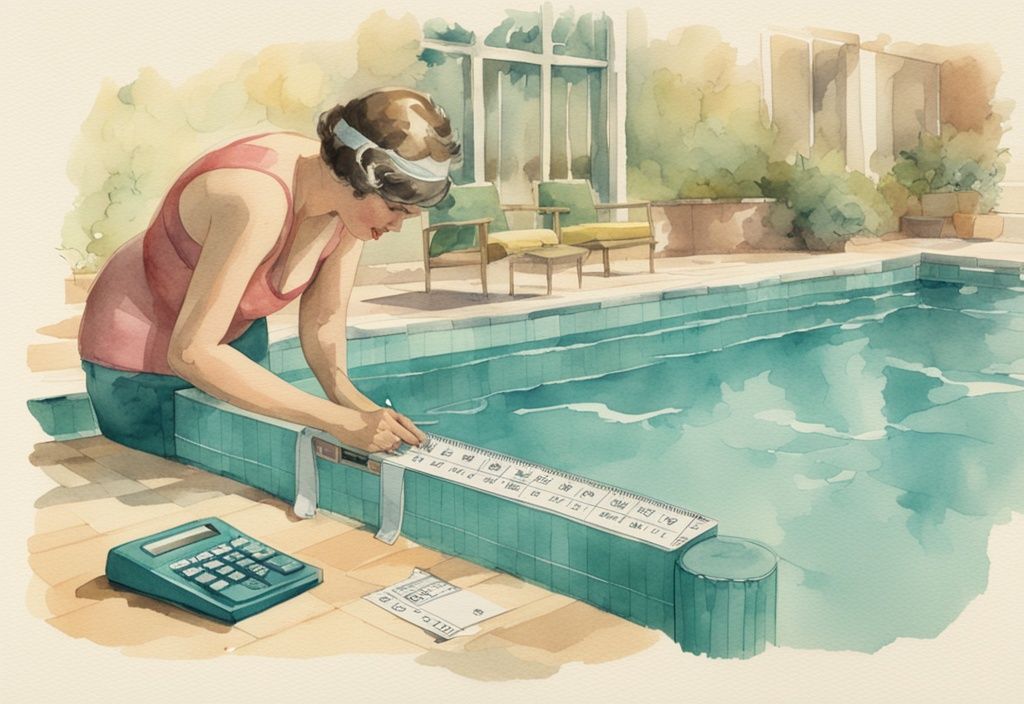 Vintage Aquarellillustration einer Person mit Taschenrechner und Maßband, die die Abmessungen eines Schwimmbeckens misst, Hauptfarbthema Teal.