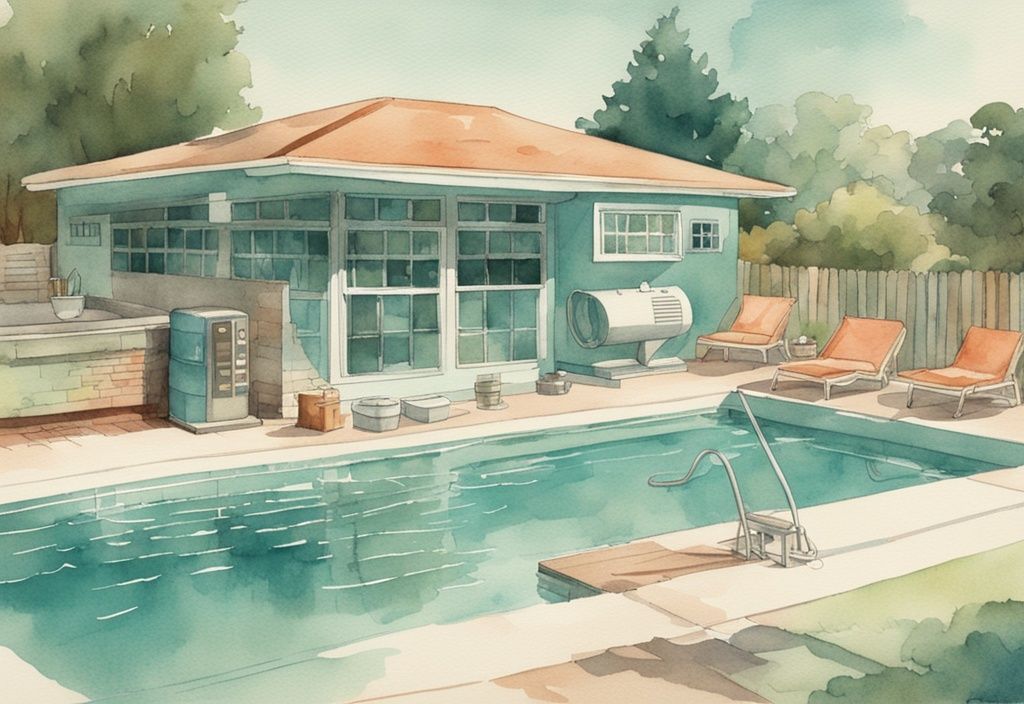 Vintage-Aquarell-Illustration zeigt, wie man eine Pool-Wärmepumpe anschließen und mit einem Außenpool verbinden kann, mit allen notwendigen Schritten, Hauptfarbe Teal.