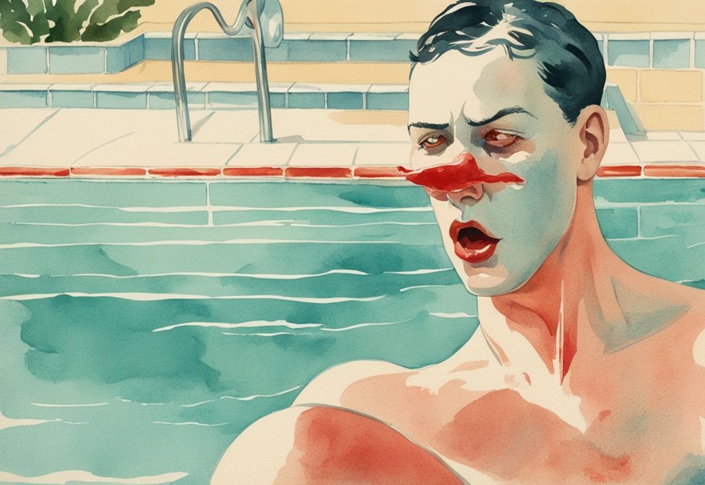 Vintage-Aquarell-Illustration eines Schwimmers mit roten Augen, Hautreizungen und Husten am Beckenrand, Symptome von zu viel Chlor im Pool.