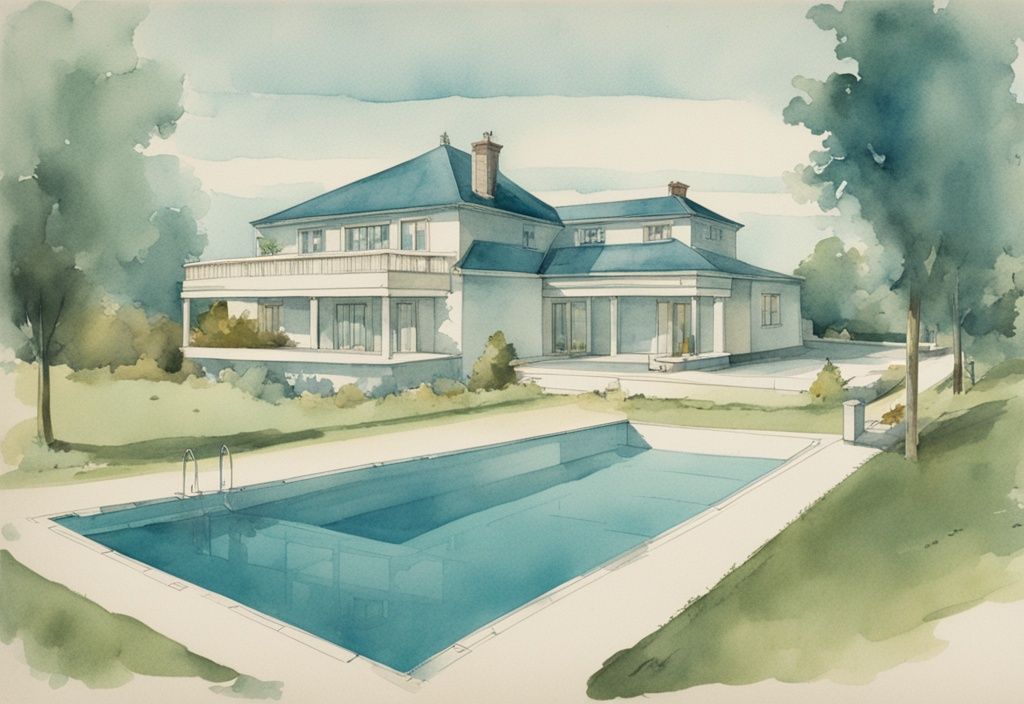 Vintage-Aquarell-Illustration eines Wohnhaus-Grundrisses in Deutschland, zeigt den Pool-Abstand zum Nachbarn in Deutschland, Hauptfarbe: Türkis.