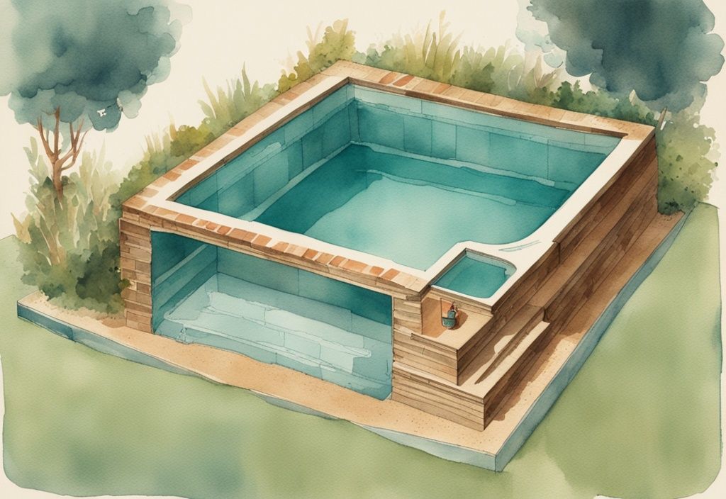 Vintage Aquarell-Illustration eines DIY-Poolschnitts im Garten mit türkisfarbenem Farbthema.