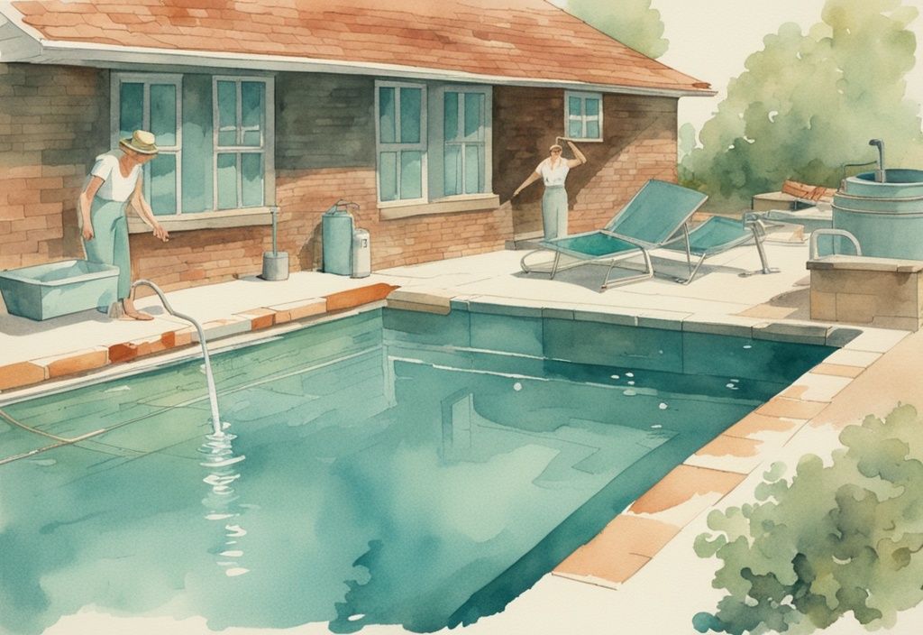 Vintage Aquarell-Illustration eines leeren Pools mit Abpumpequipment, das den Prozess des Poolwasser ablassen in Türkistönen darstellt.