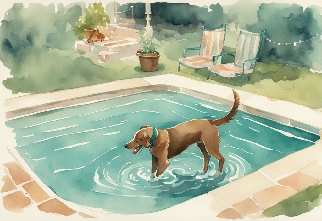 Vintage Aquarell-Illustration eines verspielten Hundes, der Wasser aus einem funkelnden chlorierten Schwimmbecken schlürft, Hauptfarbthema Teal