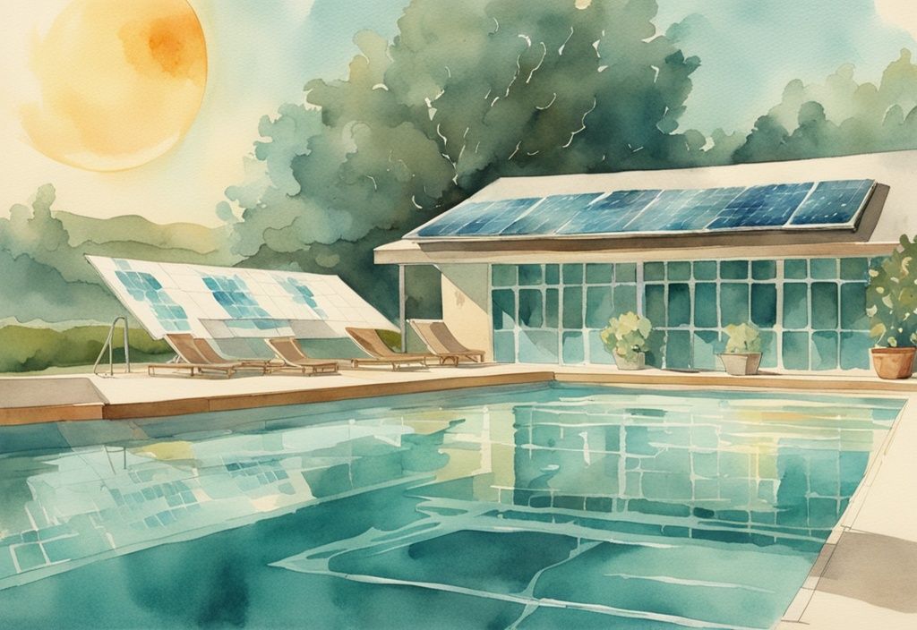 Vintage Aquarell Illustration eines luxuriösen Außenpools mit Sonnenkollektoren auf der Wasseroberfläche in Teal-Farben.