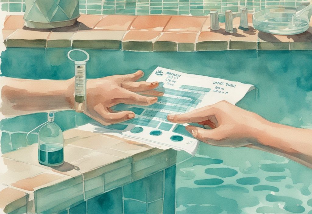 Vintage-Aquarell-Illustration von Händen, die mit einem Testkit den Chlorgehalt in einem Schwimmbecken messen, Hauptfarbton Teal