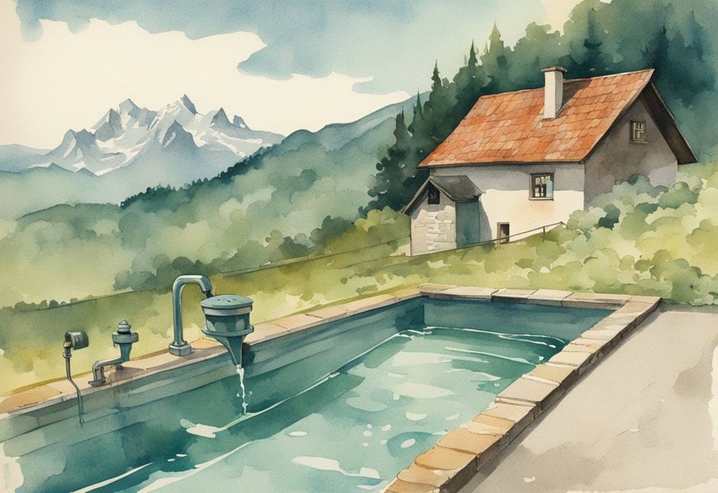 Vintage-Aquarellillustration einer Person, die verantwortungsvoll Poolwasser in ein Entsorgungssystem ablässt, vor der malerischen Landschaft Bayerns, Hauptfarbton Teal.