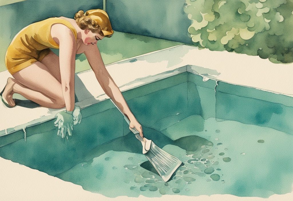 Vintage Aquarell-Illustration einer Person, die Ablagerungen aus einem klaren, funkelnden Schwimmbecken mit speziellen Reinigungswerkzeugen entfernt, Hauptfarbthema Teal