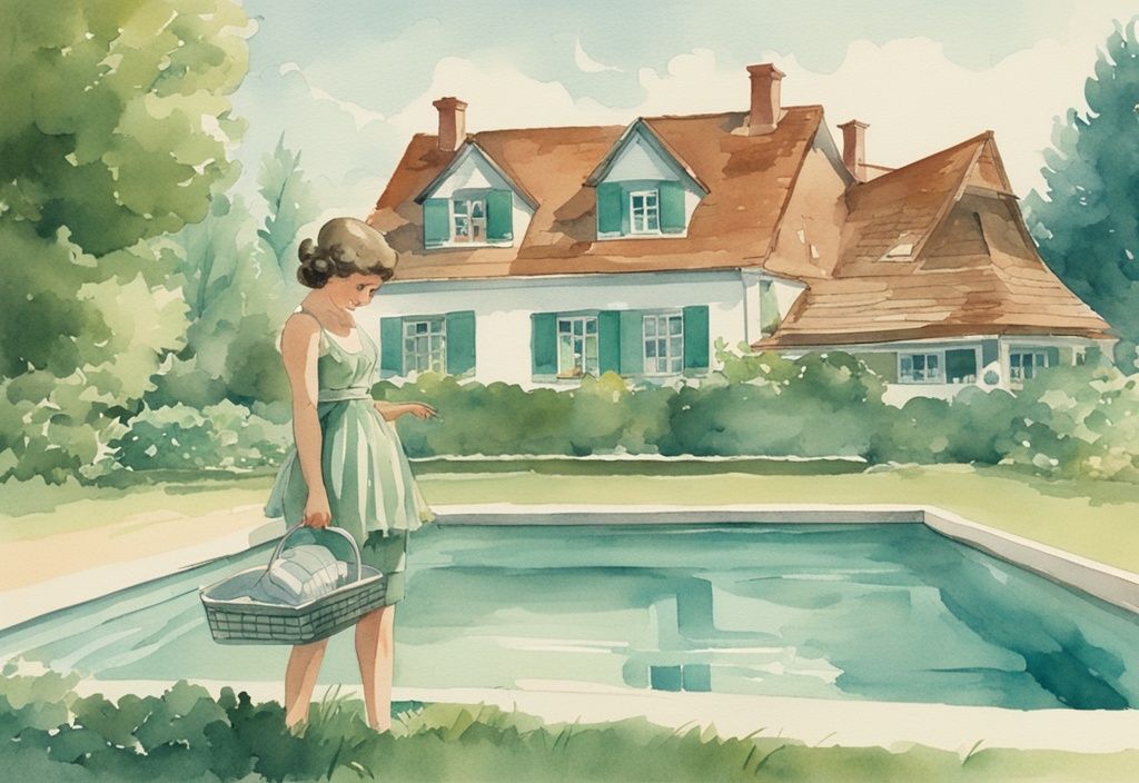 Vintage-Aquarell-Illustration eines traditionellen bayerischen Hauses mit Swimmingpool im Hintergrund, eine Person beim Poolwasser entsorgen Bayern in die grüne Umgebung.