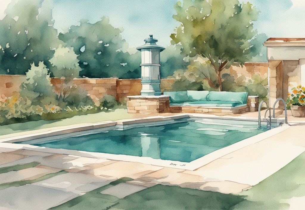 Vintage Aquarell-Illustration eines Ventil-Poolpumps neben einem luxuriösen Hinterhof-Schwimmbecken mit klarem Wasser, das die helle Sommersonne reflektiert, in Hauptfarbe Türkis.