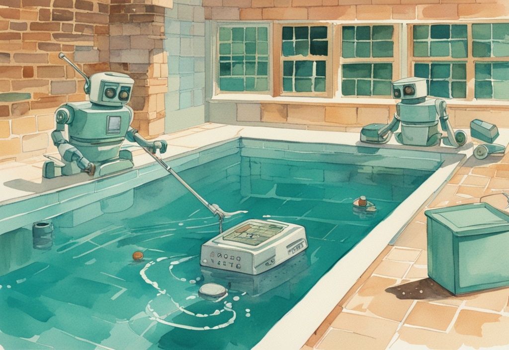 Vintage Aquarellillustration eines Poolroboters in Aktion, der einen funkelnd sauberen Pool reinigt, mit Kalender im Hintergrund, der zeigt, wie oft Poolroboter einsetzen.