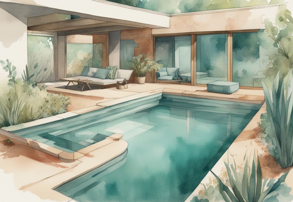 Vintage Aquarell-Illustration eines DIY-Biodesign-Pools in Teal, zeigt verschiedene Bauphasen von Rohmaterialien bis zum fertigen, umweltfreundlichen Pool.