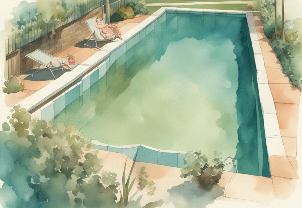 Vintage Aquarell-Illustration eines Pools mit Abdeckung in Türkis, zeigt Vorteile wie reduzierte Verdunstung, weniger Chemikalienverbrauch und Sicherheit für Kinder und Haustiere, warum sollte man den Pool abdecken.