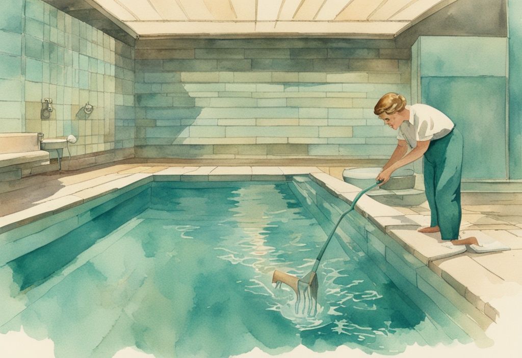 Vintage Aquarell-Illustration einer Person, die mit speziellen Reinigungswerkzeugen Ablagerungen aus einem klaren, funkelnden Schwimmbecken entfernt, Hauptfarbe Teal.