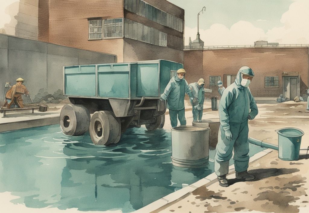 Vintage-Aquarell-Illustration eines leeren Schwimmbeckens in Nordrhein-Westfalen mit Menschen in Schutzkleidung, die das restliche Wasser abpumpen und in einen Entsorgungs-LKW laden, Poolwasser entsorgen NRW.