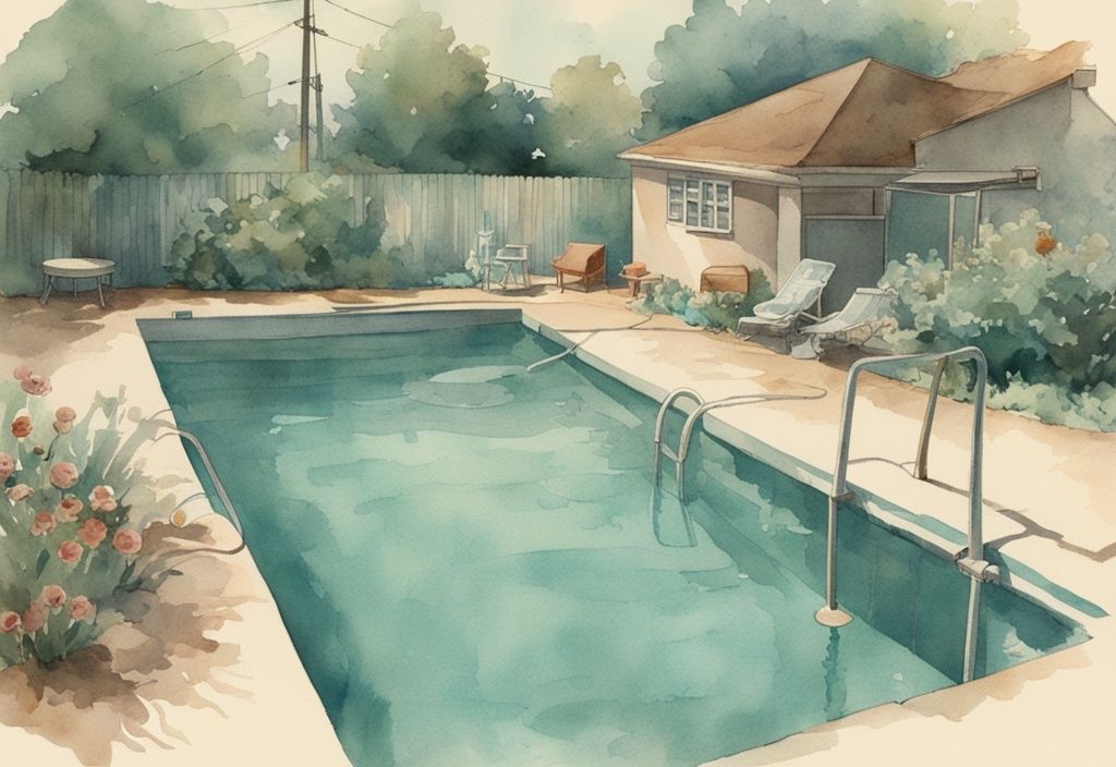 Vintage-Aquarell-Illustration eines Hinterhof-Swimmingpools, der Wasser verliert, wenn Pumpe nicht läuft, mit nicht betriebsbereiter Pumpe im Vordergrund.